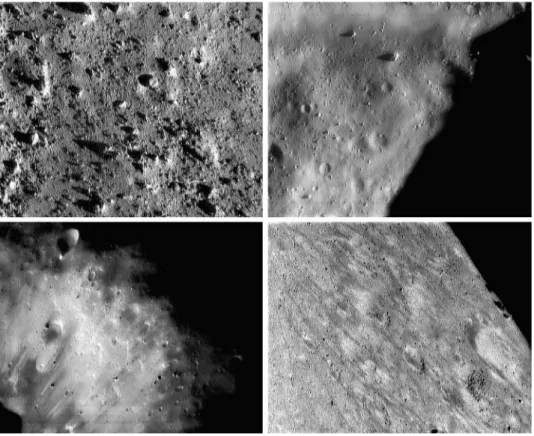 Fig. 9. Evidence of a loose fragmental layer of debris (regolith) on the surface of Eros comes in many forms