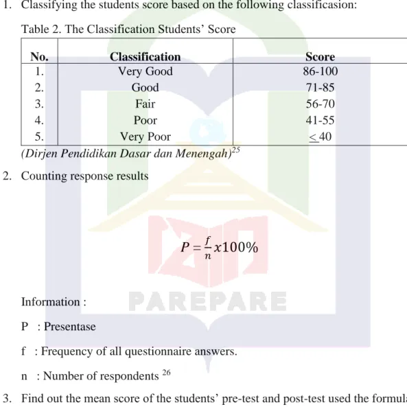 Table 2. TheِClassificationِStudents’ِScore 