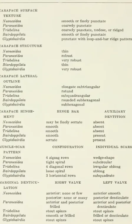 Table 2. — Summary of diagnostic characters of five genera and subgenera of