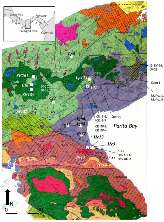 Figure 5. Geological map of central Panama with Monagrillo sites and the collection locations of raw materials made into thin sections.