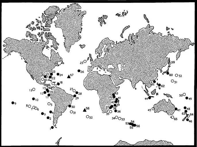 FIGURE 1.—Sample localities where specimens of Bradleya were found. Dots indicate Recent lo- lo-calities; circles indicate fossil lolo-calities; and solid triangles indicate DSDP Hole locations