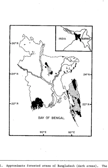 Figure 1.  Approximate forested areas of Bangladesh (dark areas). The  stippled areas are scattered forest and scrub
