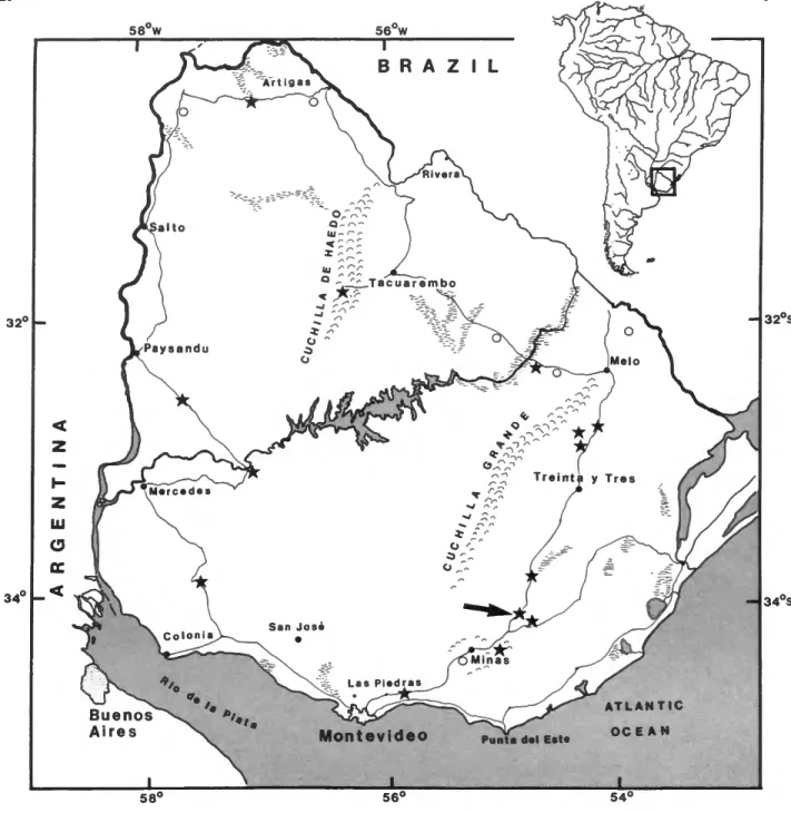 FIGURE 1.—Collecting localities visited by one author (JWM) in Uruguay. Stars indicate collecting sites where aeglids were found; large arrow indicates approximate site of the Arroyo San Antonio from which live aeglids were collected.