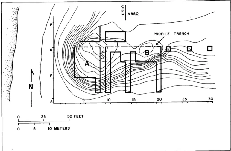 FIGURE 8.—Contour map of the A and B areas of the Walakpa site. Contour interval  equals one foot (0.3 meter)