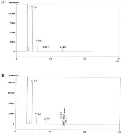 Gambar 5. Kromatogram (A) sampel HPKL yang tidak mengandung asam lemak trans, Kromatogram (B) sampel HPKL yang mengandung asam lemak trans dengan kadar 0,9174%