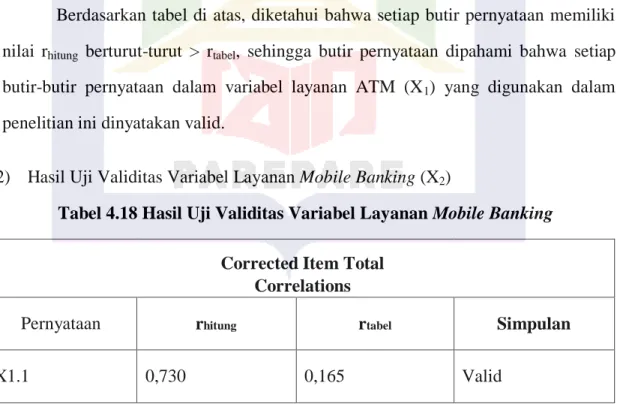 Tabel 4.18 Hasil Uji Validitas Variabel Layanan Mobile Banking   Corrected Item Total 