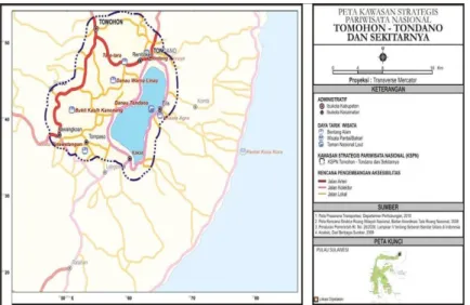 Figure 1. The Geographic Position of National Strategic Area for Tourism Development of Tomohon-Tonado   (KSPN Tomohon-Tondano)
