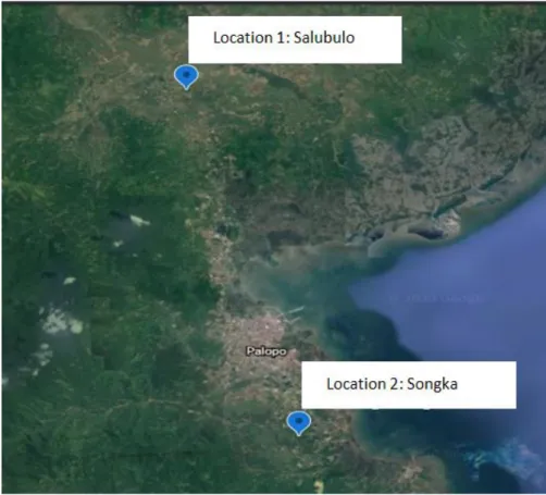 Figure 1. Locations of sago waste sampling (location 1: Salubulo, location 2: Songka)  Isolation and Screening of Amylolytic Bacteria  