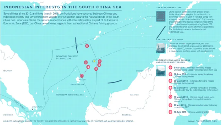 Gambar 5. Titik sengketa perbatasan laut Indonesia dan Tiongkok di Laut Natuna Utara. Sembilan  Garis Putus-Putus Tiongkok di LTS mengiris sebagian wilayah Laut Natuna Utara yang masuk dalam 
