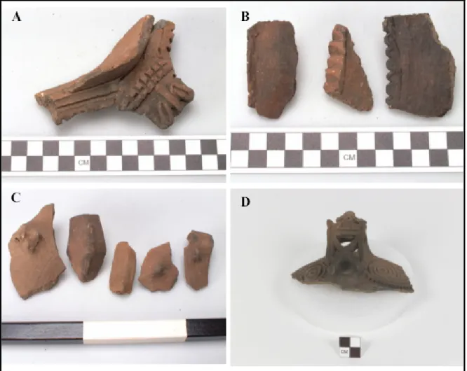 Figure  8.  Examples  of  ceramic  objects  recovered  by  de  Booy  at  the  sites  of  Moneague  (A  and B) and Río Bueno (C and D), Jamaica (National Museum of the American Indian, Cat