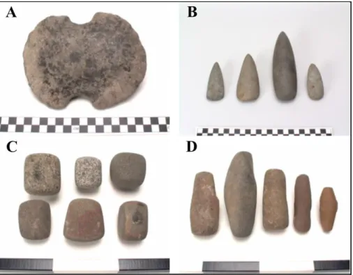 Figure 15. Examples of stone axes (A and B; scales 1 cm/square) and ground stones (C and D; scales  10 cm/square) obtained by de Booy at Ingenio San Cristóbal