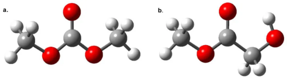 Figure 5.1: Ground state structures for a. dimethyl carbonate and b. methyl glycolate.