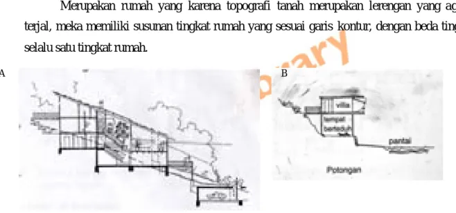 Gambar  2.16 (a) Rumah sengkedan (rumah tinggal) berstruktur  massif atau rangka kayu pada lerengan gunung terjal 40 %,  (b) Villa rumah panggung prefab pada tepi laut yang sangat terjal