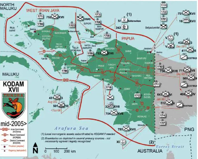 Figure 1: Indonesian military (TNI) commands, bases and deployed units in West Papua 150