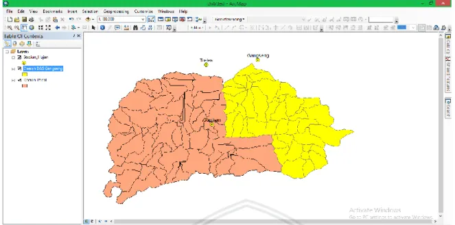 Gambar 4.3 Hasil input batas DAS dan titik pos stasiun hujan Sub DAS Gongseng  Sumber: Hasil pengolahan ArcGis, 2019