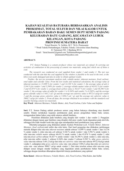 KAJIAN KUALITAS BATUBARA BERDASARKAN ANALISIS PROKSIMAT, TOTAL SULFUR ...