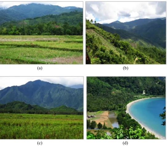 Gambar 1. Variasi bentuk bentang lahan (landscape) dan penggunaan lahan (landuse): a)  dataran, perbukitan sampai bergunung, (b) pegunungan, (c) dataran, perbukitan dan 