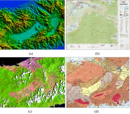 Gambar 2. Contoh bahan yang diperlukan dalam pemetaan semi detail: (a) Data digital  elevation model (DEM), (b) Peta rupa bumi (RBI), (c) Citra landsat, dan (d) Peta geologi 
