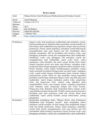 Review Jurnal: Mitigasi Resiko Akad Pembiayaan Mudharabah Pada ...