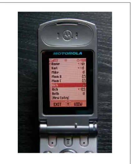 Figure 2-3. This cell phone contains a linear list of entries in a phone book. At the bottom of the screen, you see a pair of softkeys—changeable labels for the