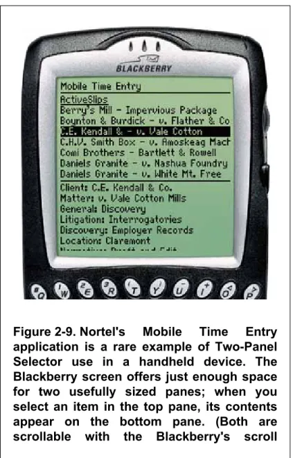 Figure 2-9. Nortel's Mobile Time Entry application is a rare example of Two-Panel Selector use in a handheld device