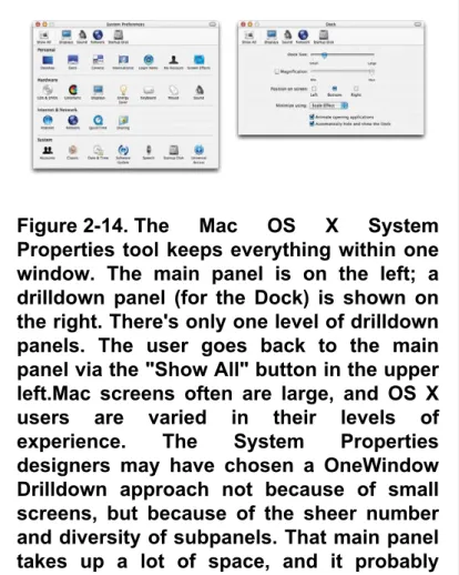Figure 2-14. The Mac OS X System Properties tool keeps everything within one window. The main panel is on the left; a drilldown panel (for the Dock) is shown on the right