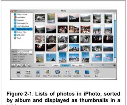 Figure 2-1. Lists of photos in iPhoto, sorted by album and displayed as thumbnails in a table