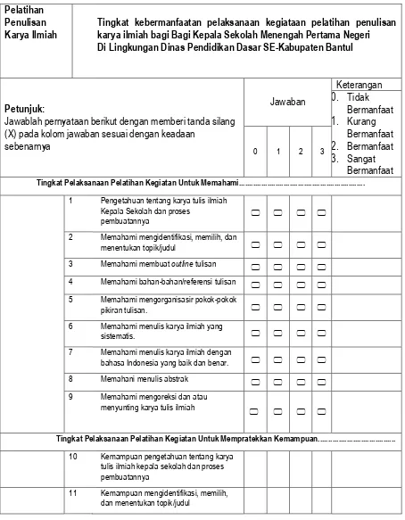 Tabel 1. Instrumen Evaluasi Respon Peserta Terhadap Kegiatan Pelatihan. 
