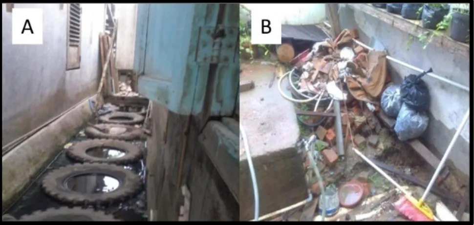 Gambar 8. Genangan bak kendaraan [C] dan tumpukan sampah atau  bekas kerjaan [D] sebagai tempat perindukan nyamuk 