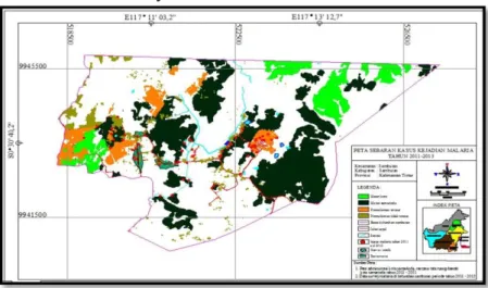 Gambar 6.1 Peta sebaran kasus penyakit Malaria di Kelurahan Sambutan, Kota  Samarinda tahun 2011 hingga 2013 