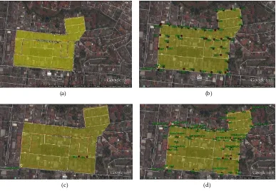 Gambar 2 Peta Kruing Raya: (a) Boundary Kruing Raya, (b) Tiang yang telah ada sebelumnya,  (c) Tiang baru yang dibangun, (d) Titik-titik lokasi ODP 