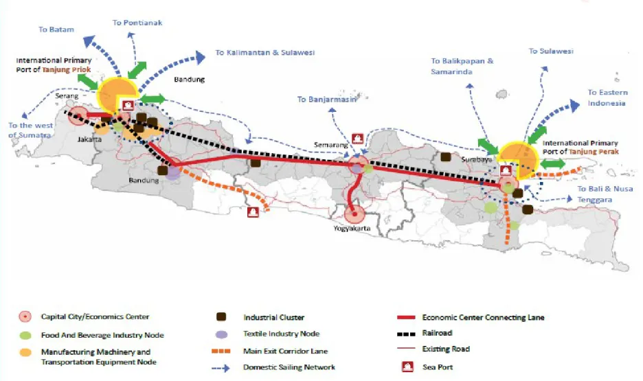 Gambar 3.1:  Peta yang menggambarkan koridor dan pusat-pusat ekonomi di Pulau Jawa (sumber: Percepatan dan Perluasan Pembangunan Ekonomi Indonesia 2011- 2011-2025)