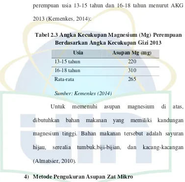 Tabel 2.3 Angka Kecukupan Magnesium (Mg) Perempuan 