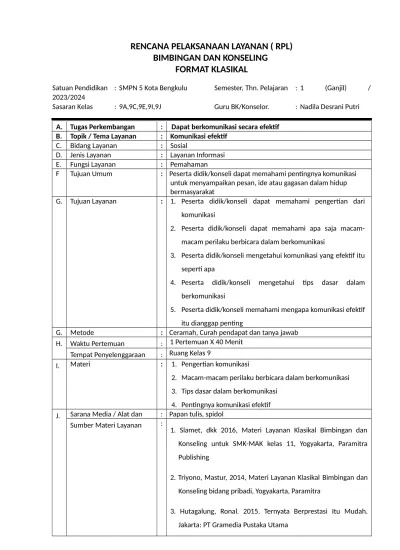 RENCANA PELAKSANAAN LAYANAN ( RPL) BIMBINGAN DAN KONSELING FORMAT ...