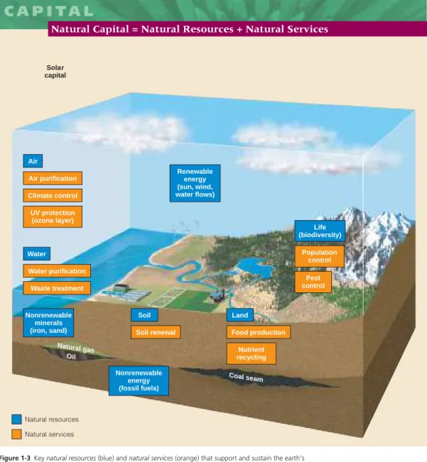 Figure 1-3 Key  natural resources (blue) and natural services (orange) that support and sustain the earth’s  life and economies (Concept 1-1A)