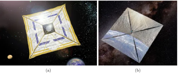 Figure 2.1: Artist impressions of deployed solar sails for (a) IKAROS [43], and (b) LightSail-1 [6].