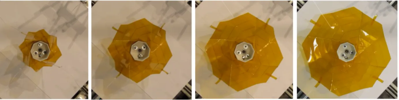 Figure 3.5: Top views of experiment at force equilibrium points. Snapshots taken at d f = 0.24, 0.44, 0.62, 0.80 [3].