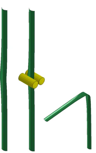 Figure 4.5: Isometric view of the folding process (a) Flattening tape spring, (b) Adding contact with folding cylinders to form localized fold, (c) Final folded configuration.
