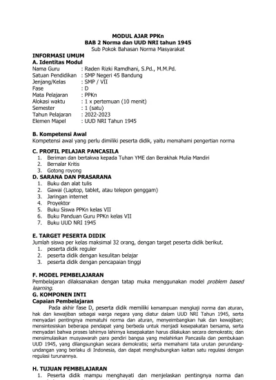 Modul Ajar Ppkn Bab 2 Norma Dan Uud Nri Tahun 1945 Ppkn Kelas Vii