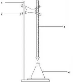 Gambar 2. Rangkaian alat distillasi: (1) Labu distilasi; (2) kompor listrik; (6) labu erlemeyer; (7) kaki tiga; (8) statif pendingin leibig; (3) thermometer; (4) pemanas listrik; (5) dan klem 