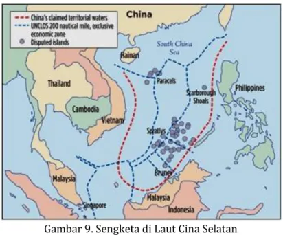 Gambar 9. Sengketa di Laut Cina Selatan  (Sumber: https://www.emaritim.com/2017) 