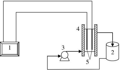 Gambar 1. Rangkaian Alat Penelitian : (1). Sumber arus DC; (2). Tangki larutan ammonia; (3)