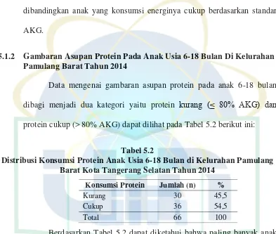 Tabel 5.2 Distribusi Konsumsi Protein Anak Usia 6-18 Bulan di Kelurahan Pamulang 