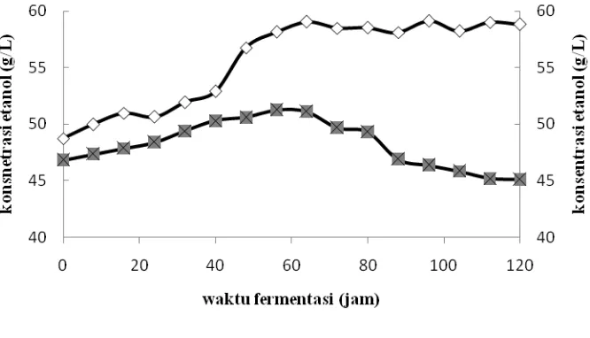 Gambar 3. Grafik antara konsentrasi etanol yang didapatkan terhadap waktu fermentasi  