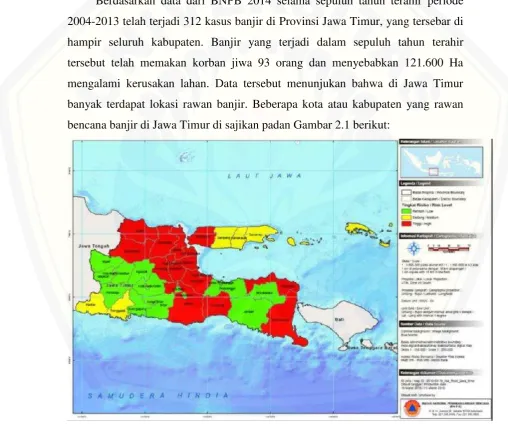 Gambar 2.1 Lokasi rawan banjir di Jawa TimurSumber: http: //geospasial.bnpb.go.id (2014)