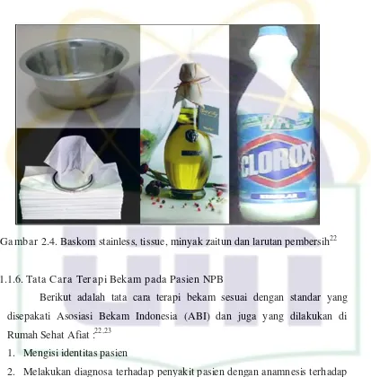 Gambar 2.4. Baskom stainless, tissue, minyak zaitun dan larutan pembersih22 