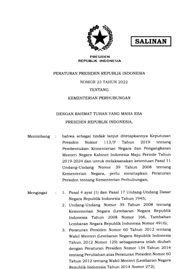 PERATURAN PRESIDEN REPUBLIK INDONESIA NOMOR 23 TAHUN 2022 TENTANG ...