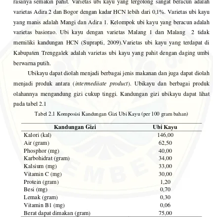 Tabel 2.1 Komposisi Kandungan Gizi Ubi Kayu (per 100 gram bahan) 