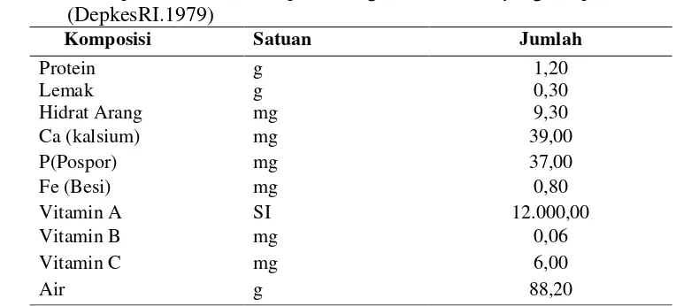 Tabel 2.3 Komposisi Wortel tiap 100 gram Bahan yang dapat dimakan 