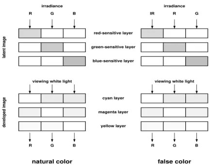 Figure 2.12: Concept of processing natural color (left) and false color film (right .